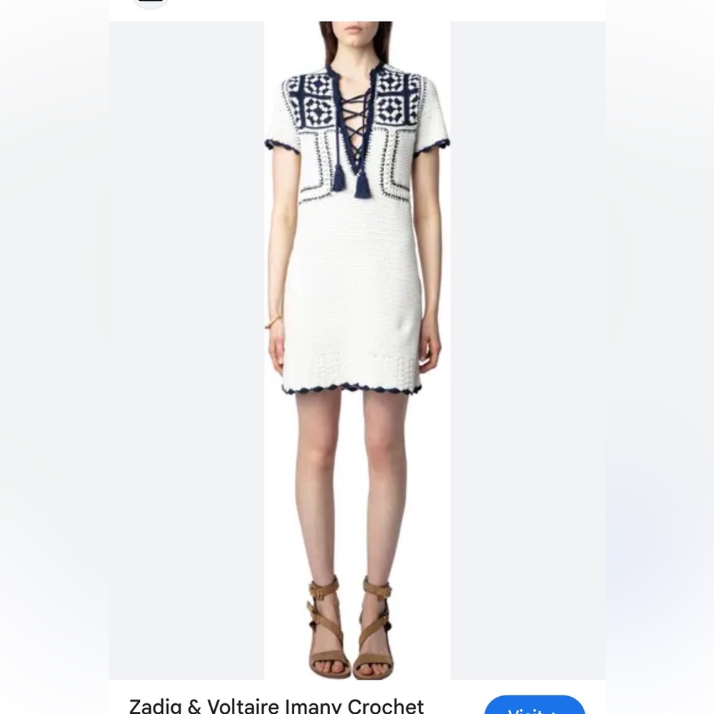 NEW Zadig & Voltaire Imany White & Navy Cotton Crochet Mini Dress Size Small NWT